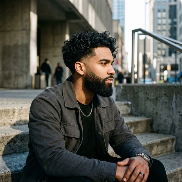 _Curly Beard Connect with Mid Taper Fade