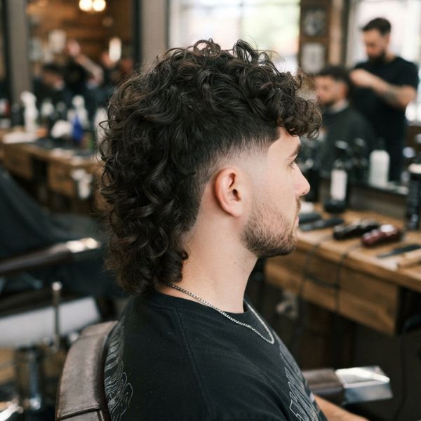 Curly Mullet with Mid Taper Fade
