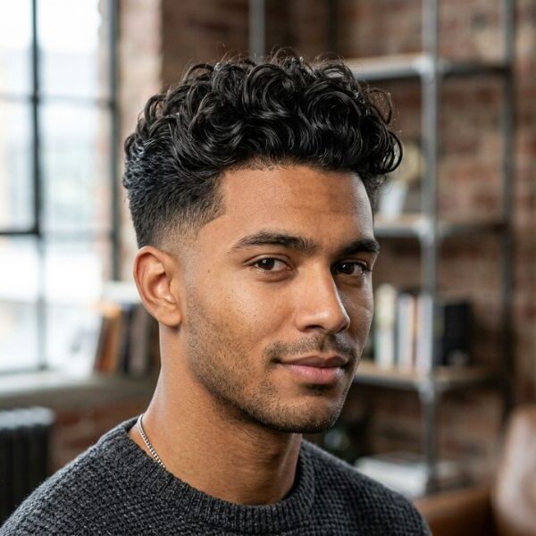 Curly Quiff with Mid Taper Fade