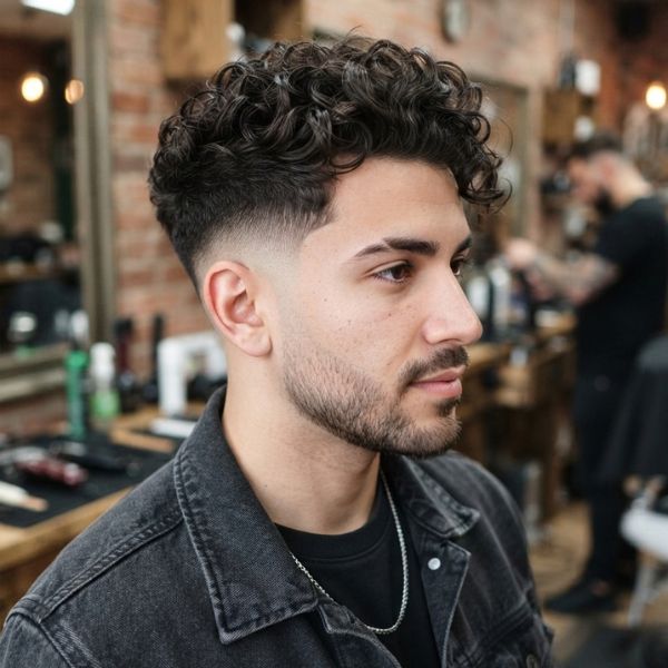 Curly Quiff with Mid Taper Fade