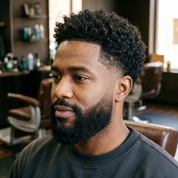 Curly Taper Fade with Beard