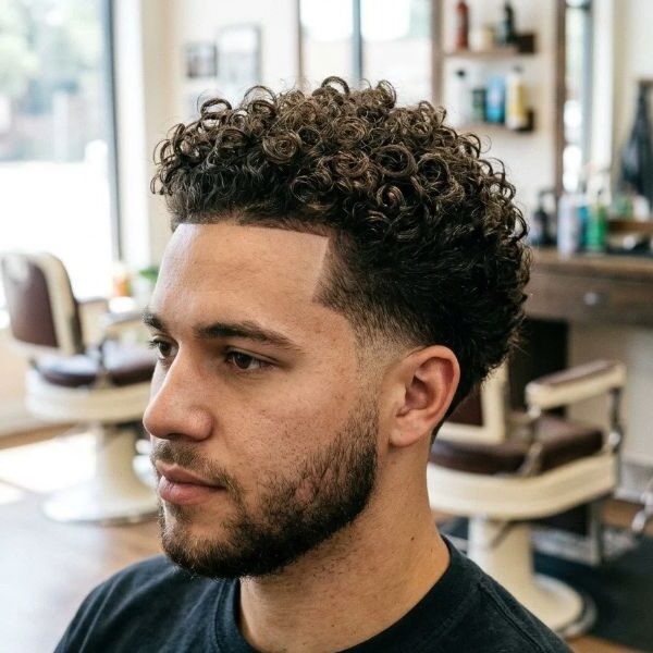 Curly Taper Fade with Textured Top
